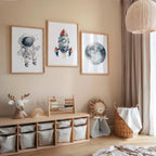 Space nursery wall art set of 3 – astronaut rocket and moon watercolor kids decor