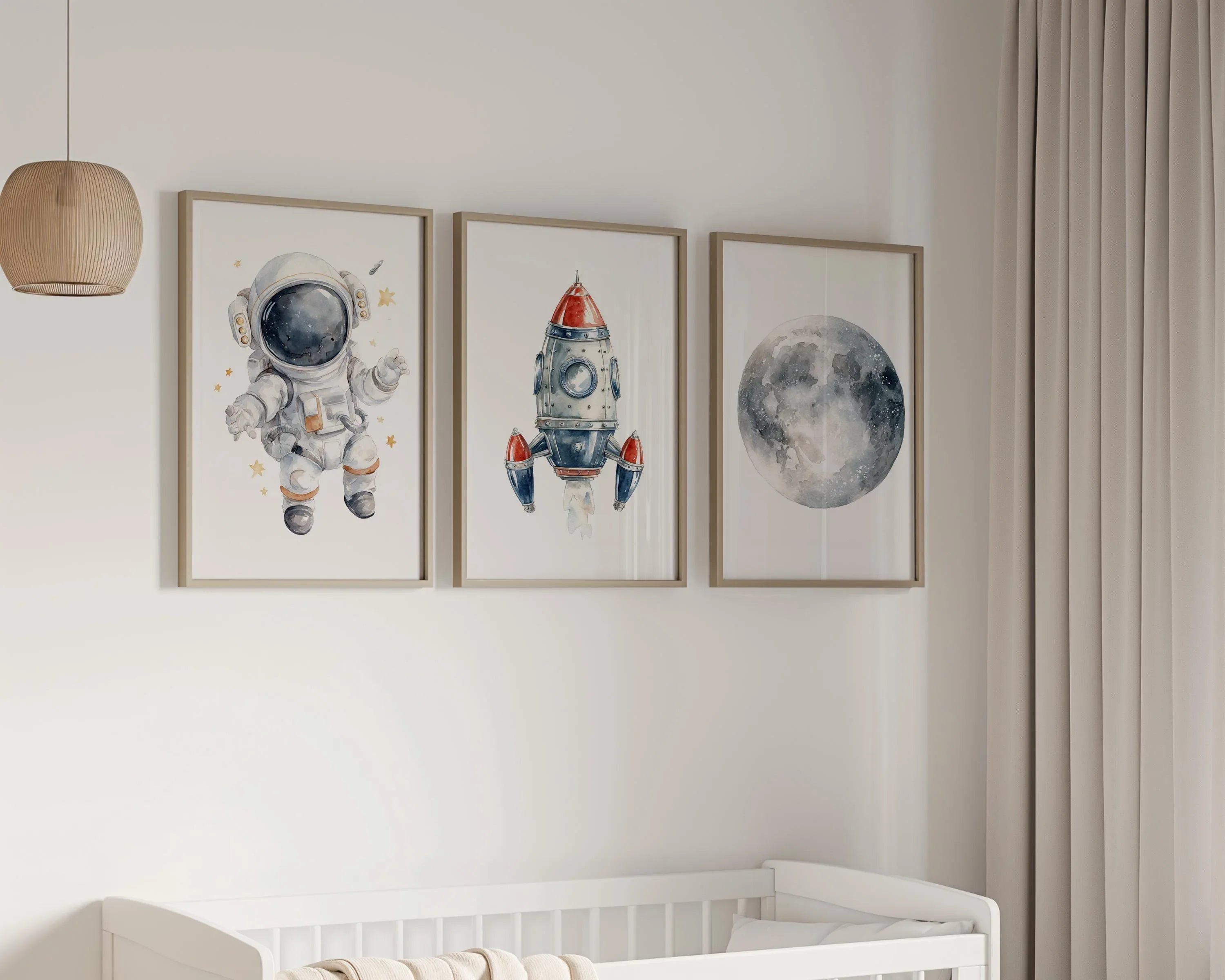 Space nursery wall art set of 3 – astronaut rocket and moon watercolor kids decor
