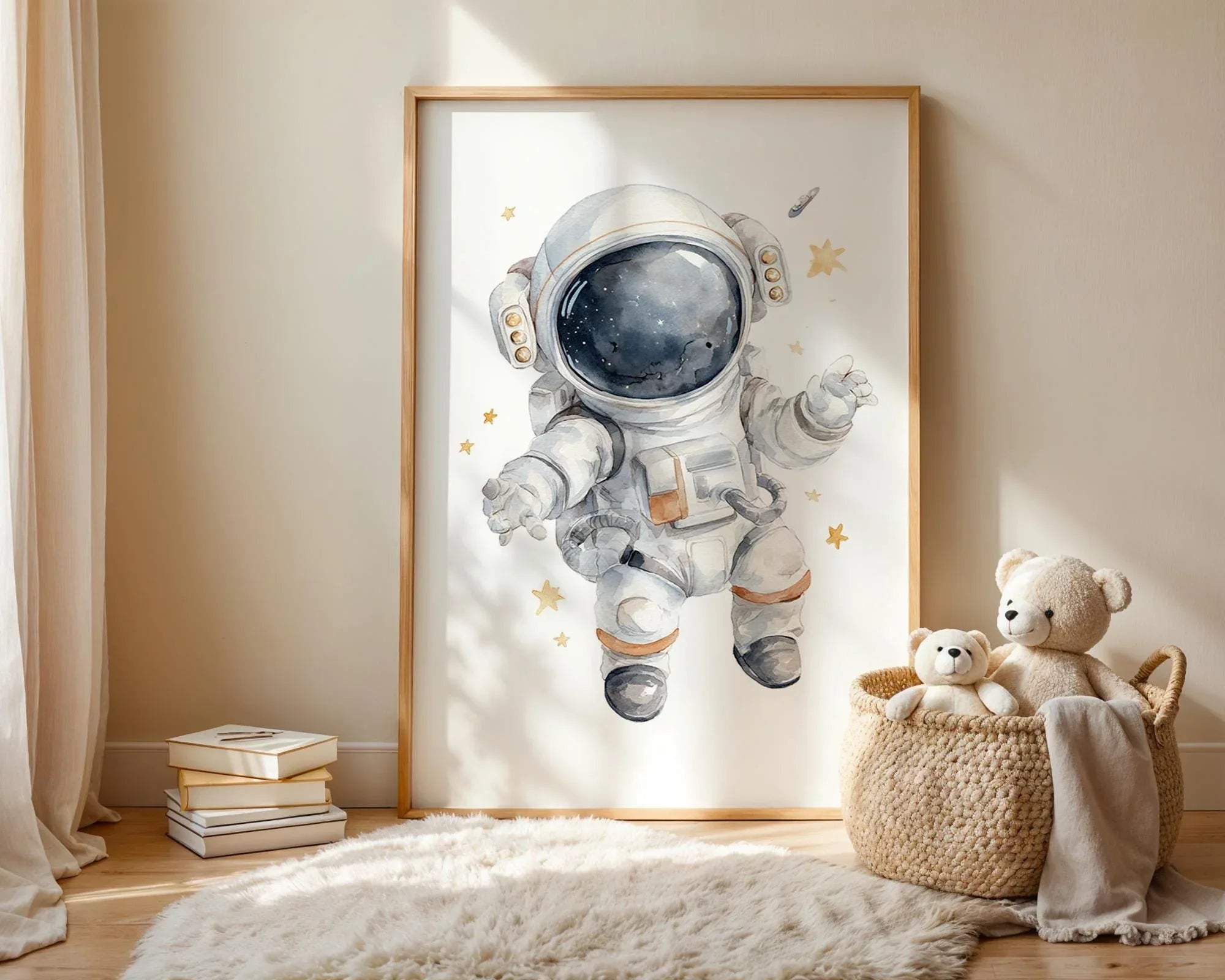 Space nursery wall art set of 3 – astronaut rocket and moon watercolor kids decor