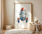 Space nursery wall art set of 3 – astronaut rocket and moon watercolor kids decor