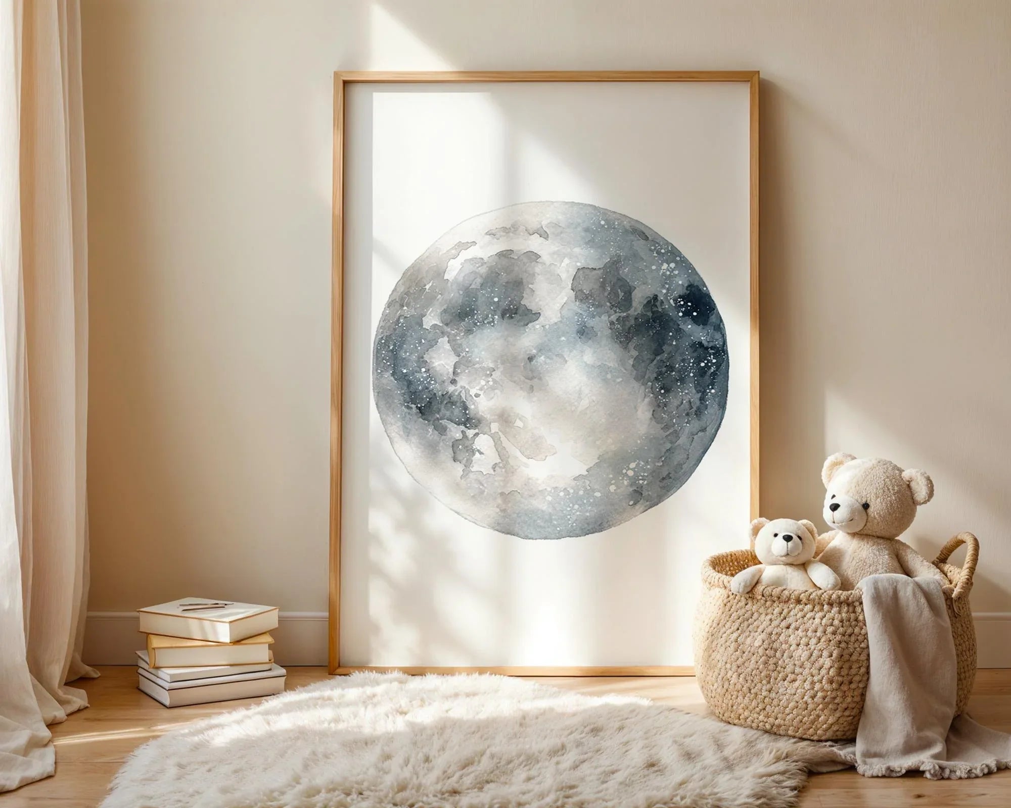 Space nursery wall art set of 3 – astronaut rocket and moon watercolor kids decor