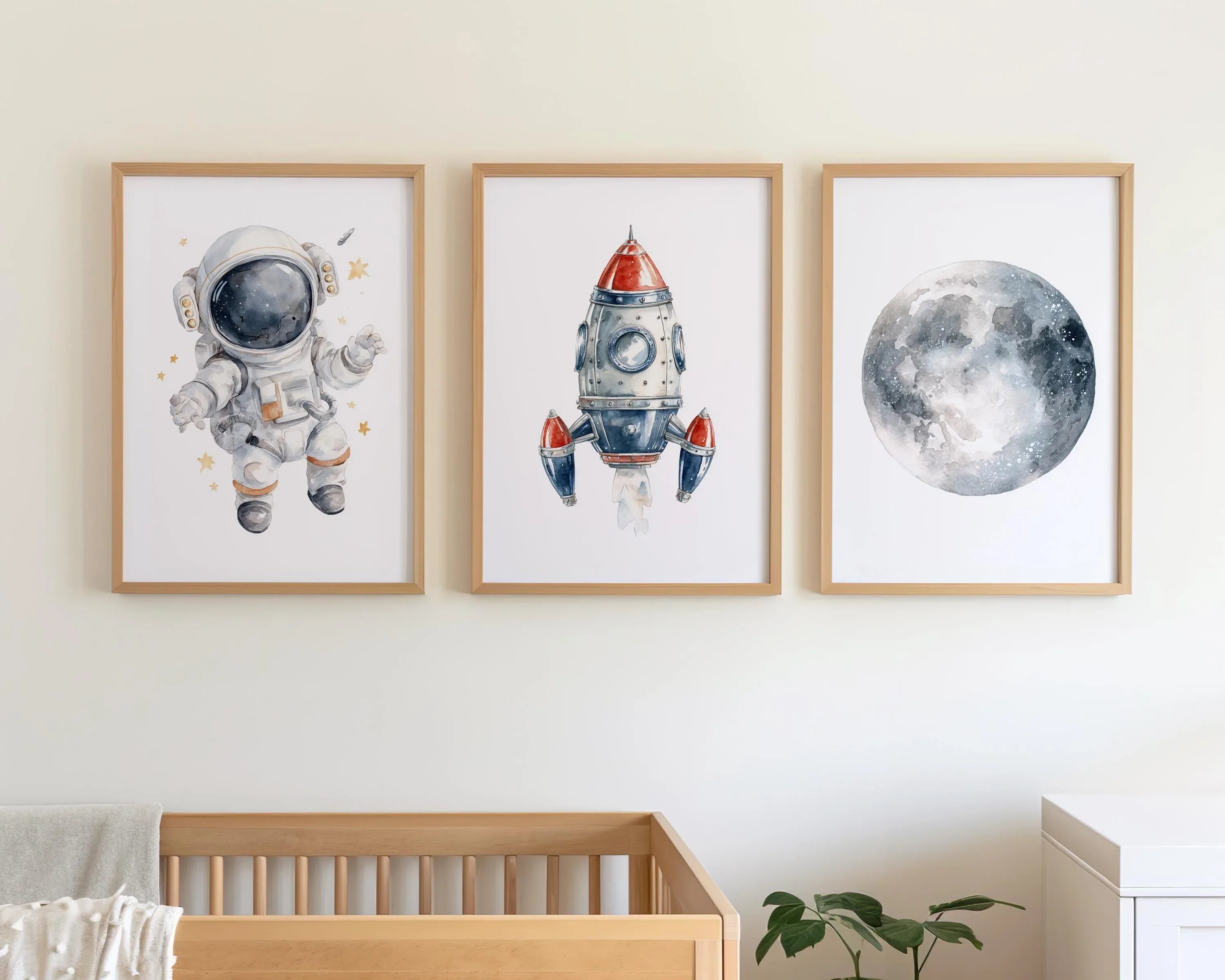 Space nursery wall art set of 3 – astronaut rocket and moon watercolor kids decor