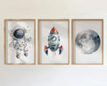Space nursery wall art set of 3 – astronaut rocket and moon watercolor kids decor