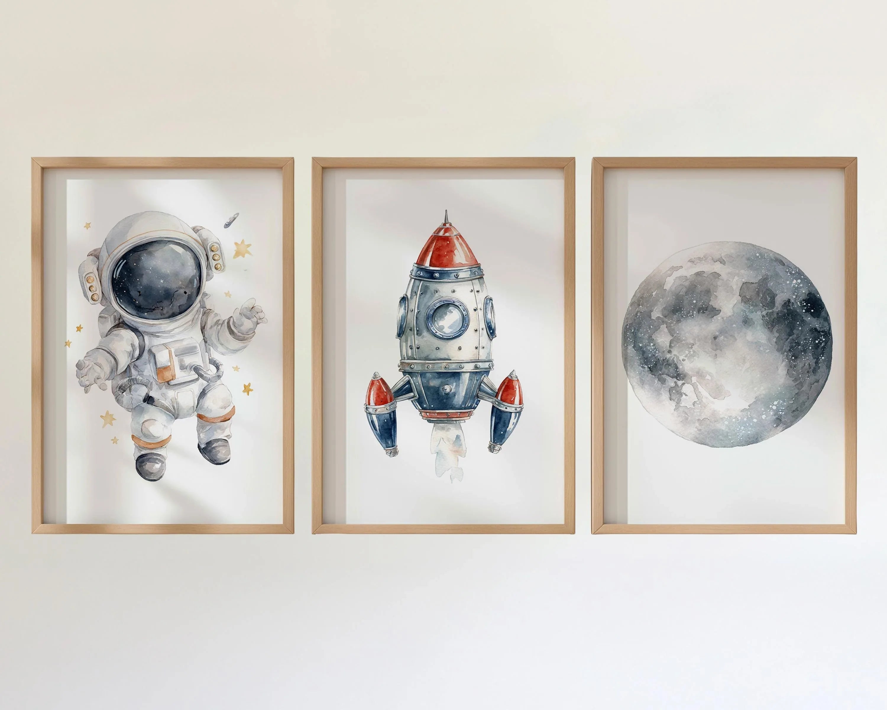 Space nursery wall art set of 3 – astronaut rocket and moon watercolor kids decor