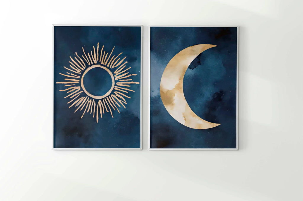 Sun and moon abstract watercolor diptych – navy blue and gold wall art set of 2