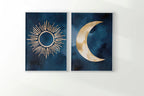 Sun and moon abstract watercolor diptych – navy blue and gold wall art set of 2