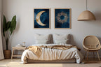 Sun and moon abstract watercolor diptych – navy blue and gold wall art set of 2