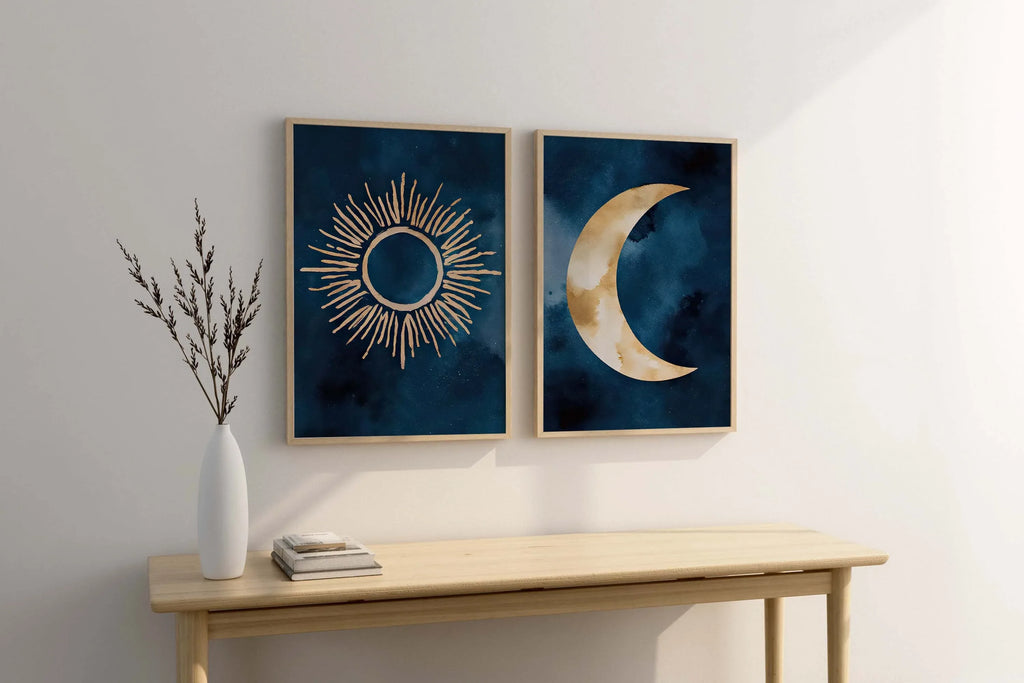 Sun and moon abstract watercolor diptych – navy blue and gold wall art set of 2
