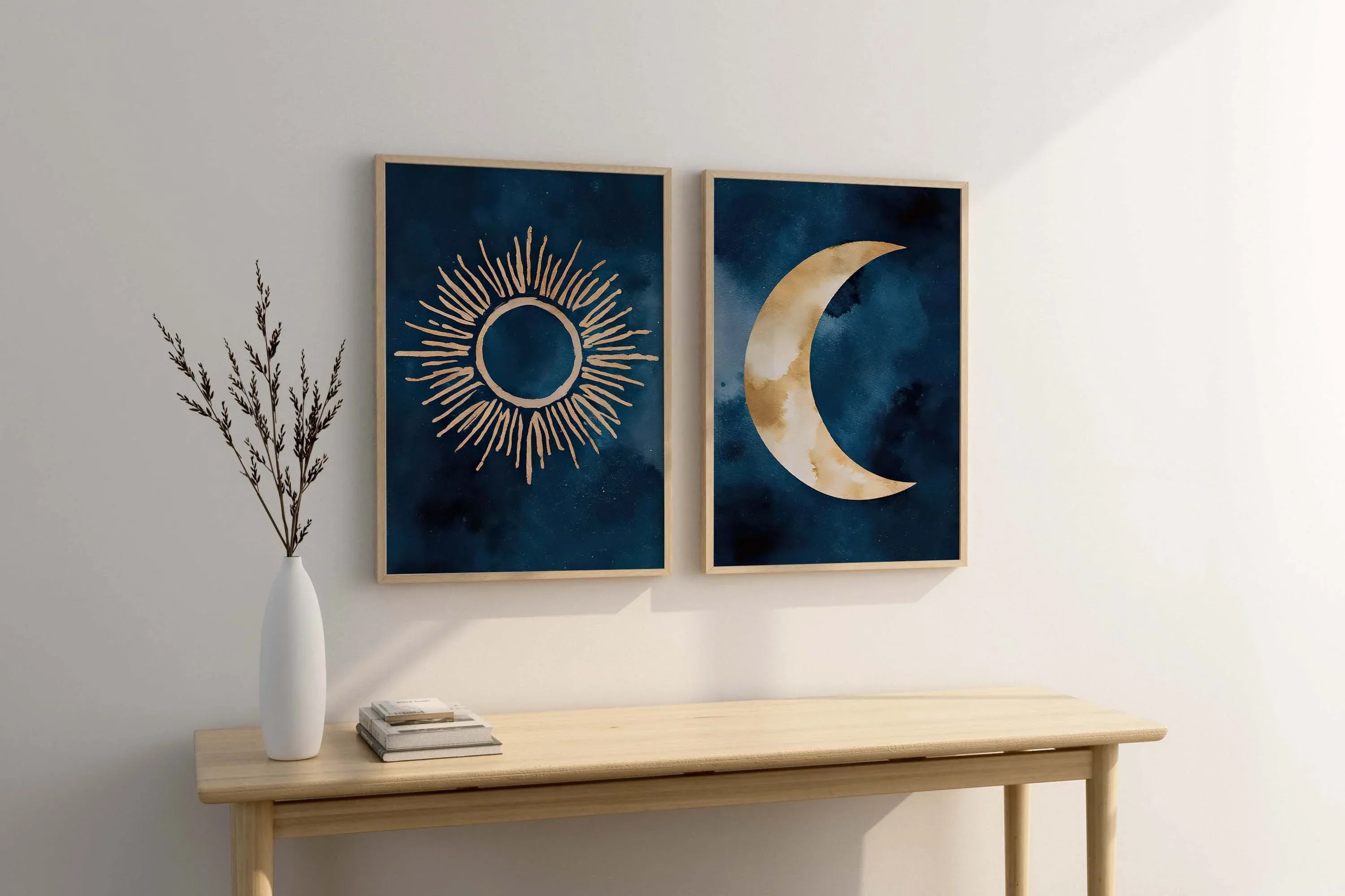Sun and moon abstract watercolor diptych – navy blue and gold wall art set of 2