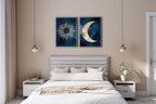 Sun and moon abstract watercolor diptych – navy blue and gold wall art set of 2