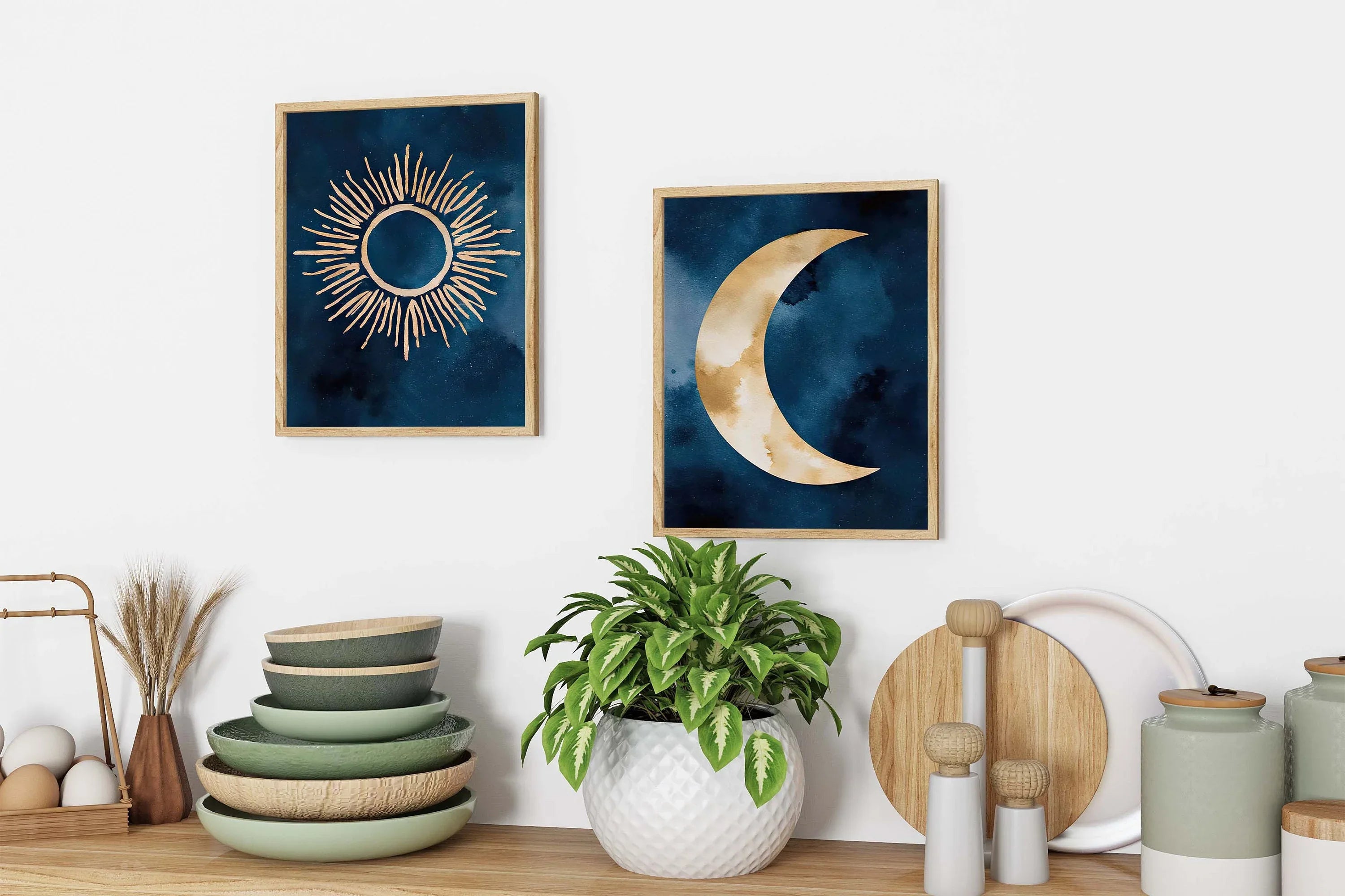 Sun and moon abstract watercolor diptych – navy blue and gold wall art set of 2