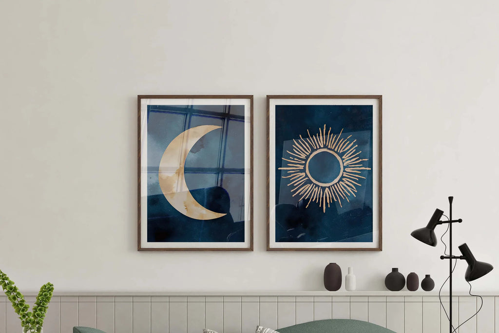 Sun and moon abstract watercolor diptych – navy blue and gold wall art set of 2