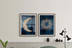 Sun and moon abstract watercolor diptych – navy blue and gold wall art set of 2