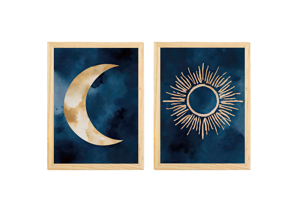 Sun and moon abstract watercolor diptych – navy blue and gold wall art set of 2