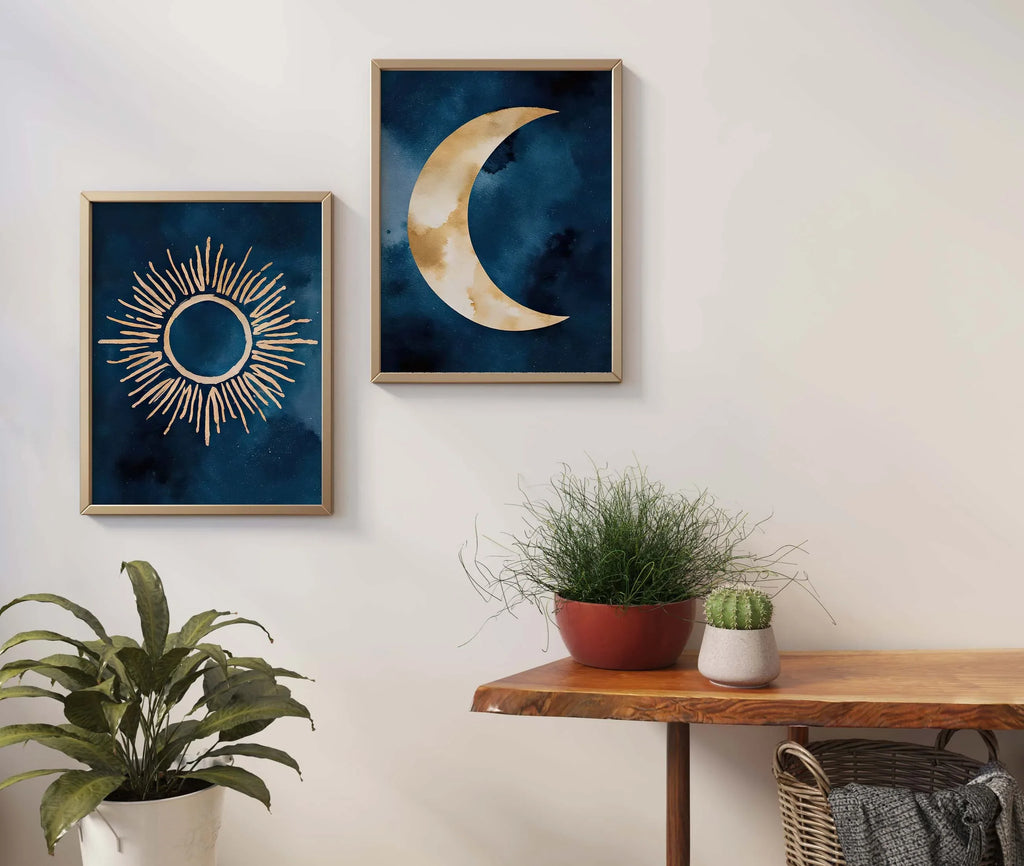 Sun and moon abstract watercolor diptych – navy blue and gold wall art set of 2