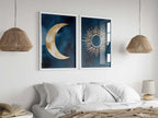Sun and moon abstract watercolor diptych – navy blue and gold wall art set of 2