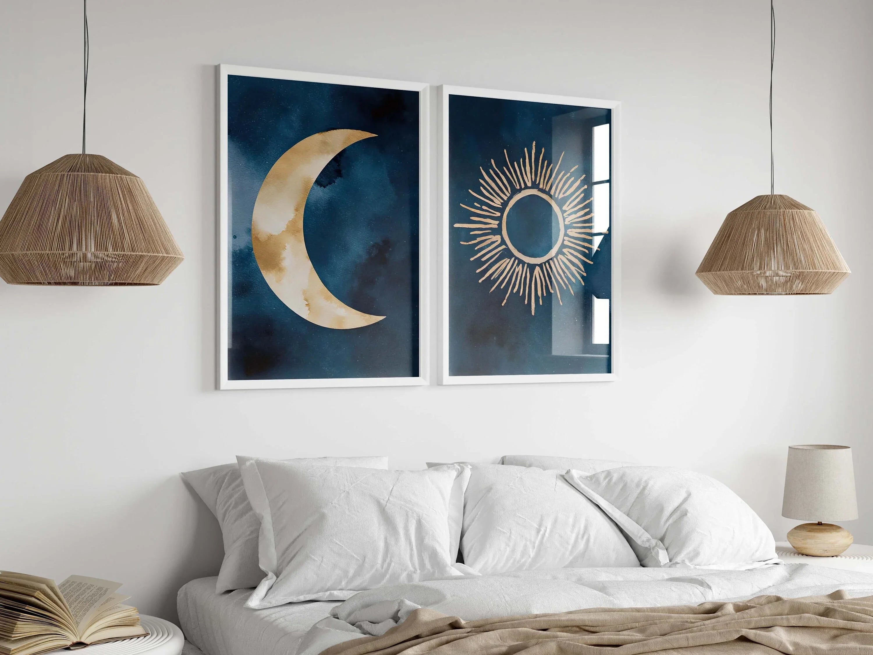 Sun and moon abstract watercolor diptych – navy blue and gold wall art set of 2