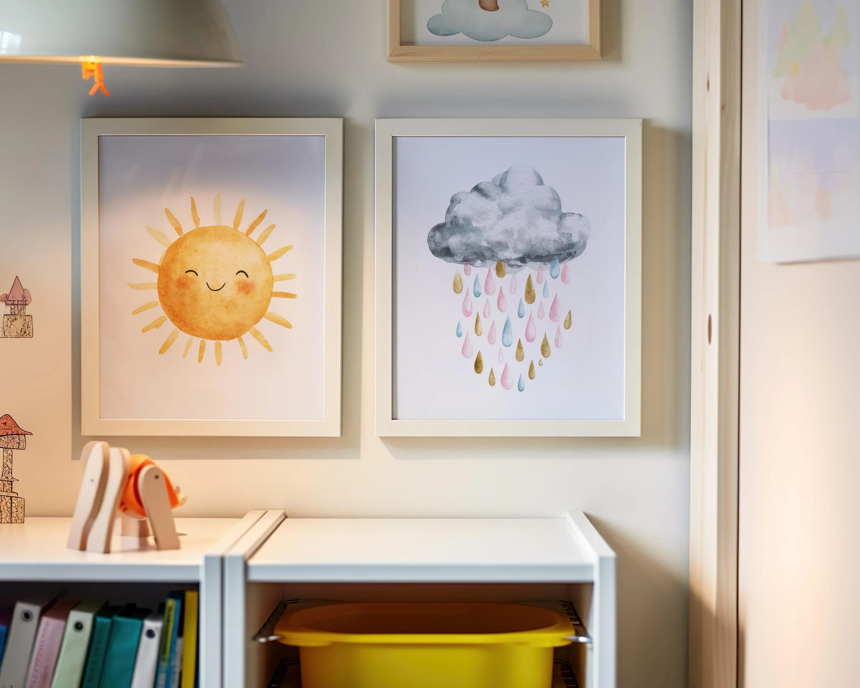 Sun and rain cloud nursery wall art set of 2 – rainbow watercolor kids room decor