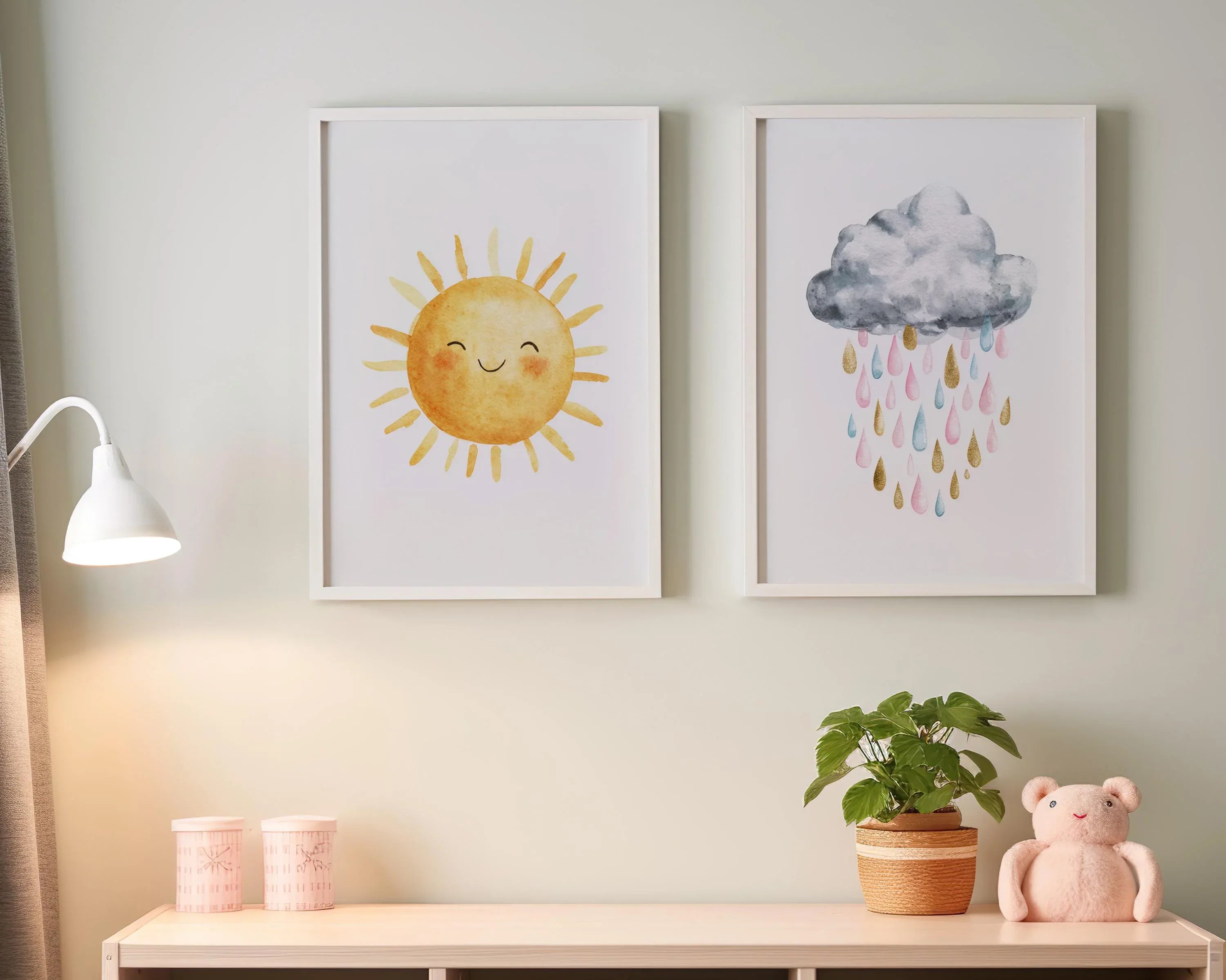 Sun and rain cloud nursery wall art set of 2 – rainbow watercolor kids room decor