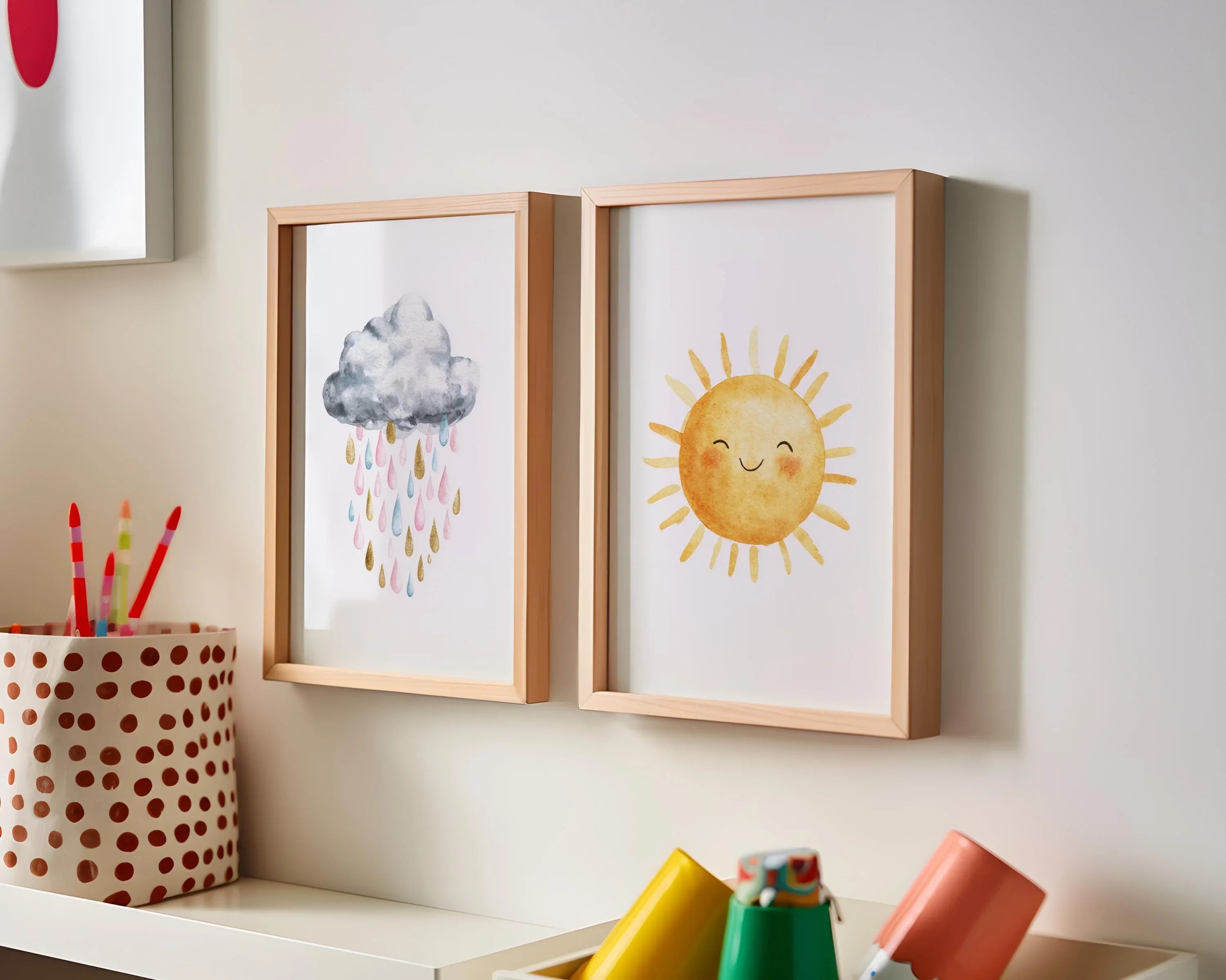 Sun and rain cloud nursery wall art set of 2 – rainbow watercolor kids room decor