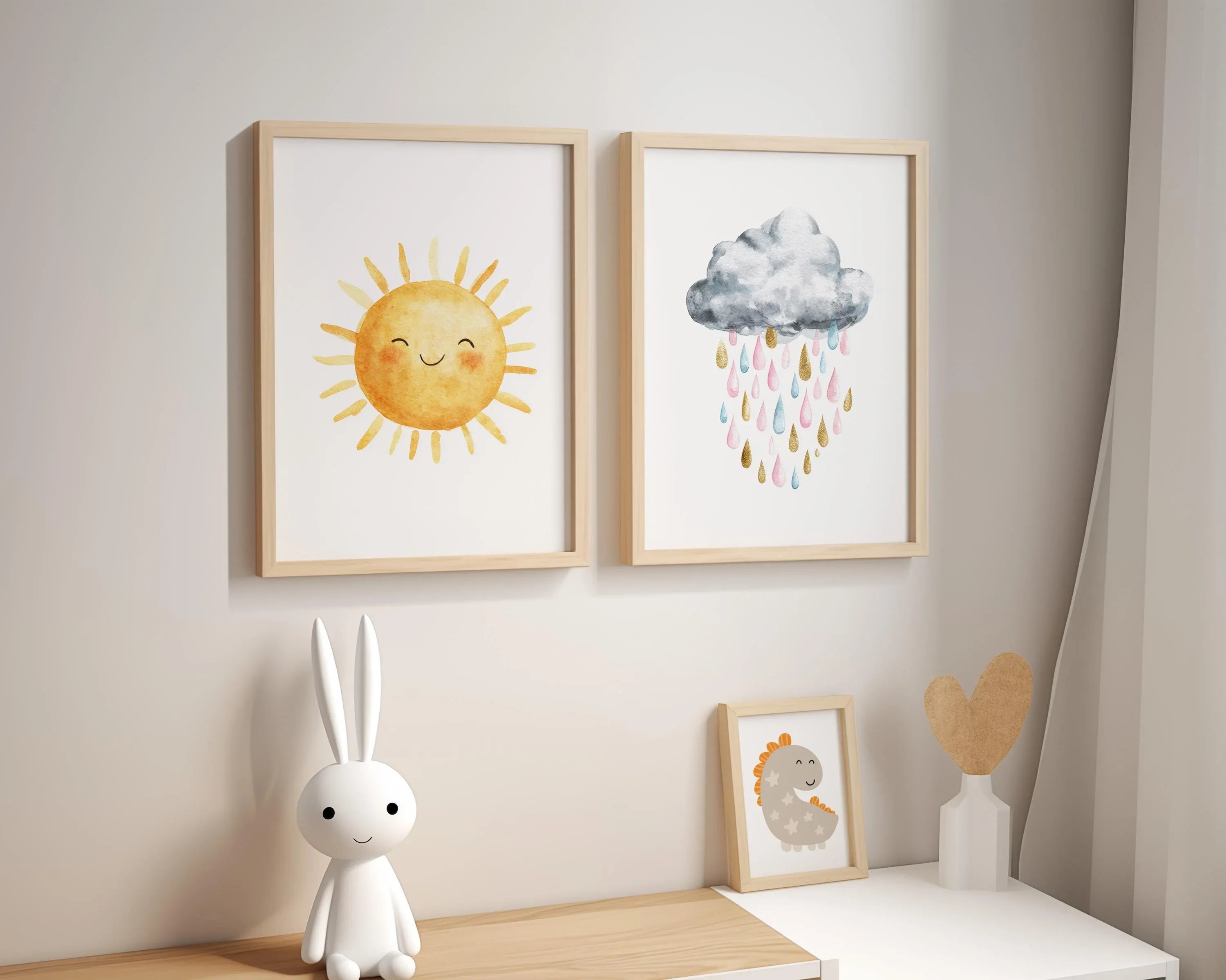 Sun and rain cloud nursery wall art set of 2 – rainbow watercolor kids room decor