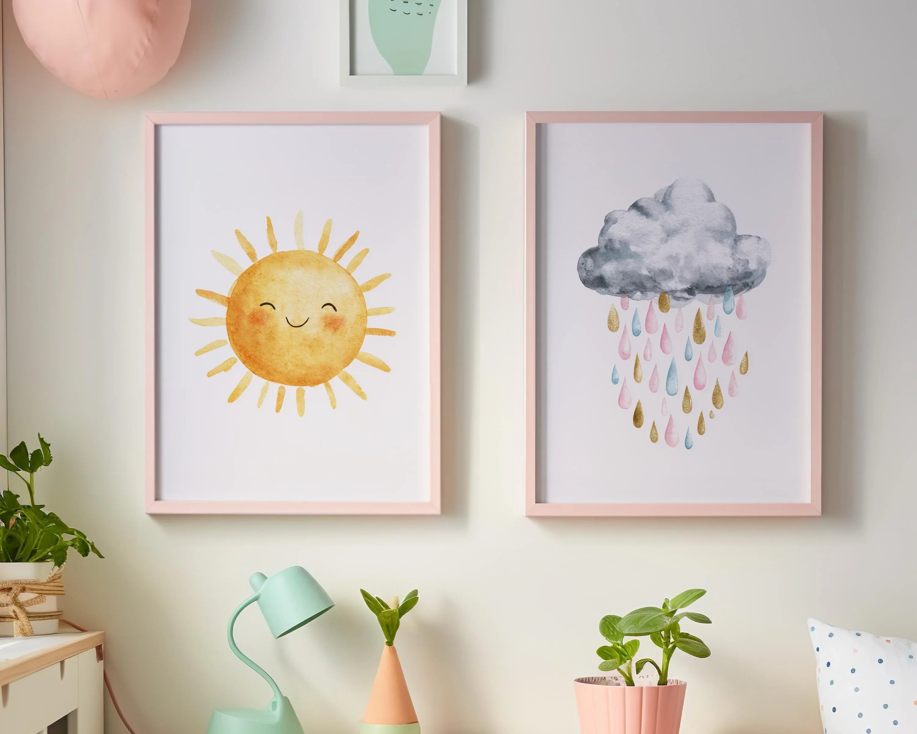 Sun and rain cloud nursery wall art set of 2 – rainbow watercolor kids room decor
