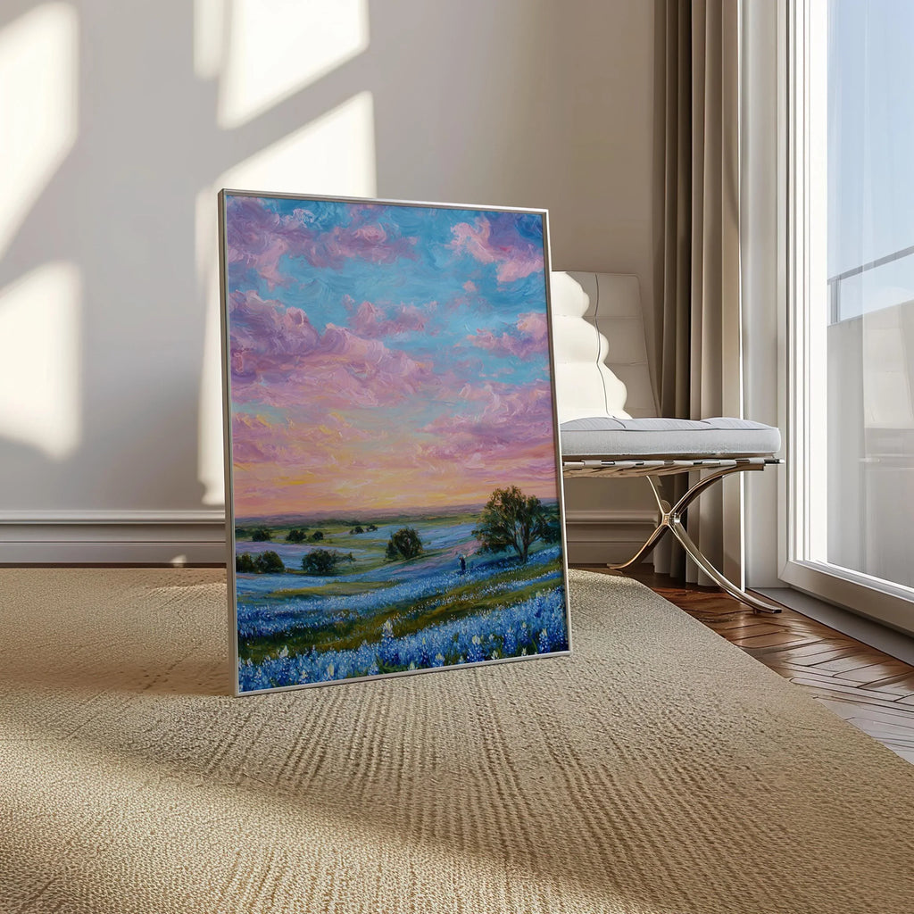 Sunset over blue wildflowers – pastel impressionist landscape wall art