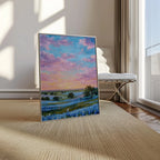 Sunset over blue wildflowers – pastel impressionist landscape wall art