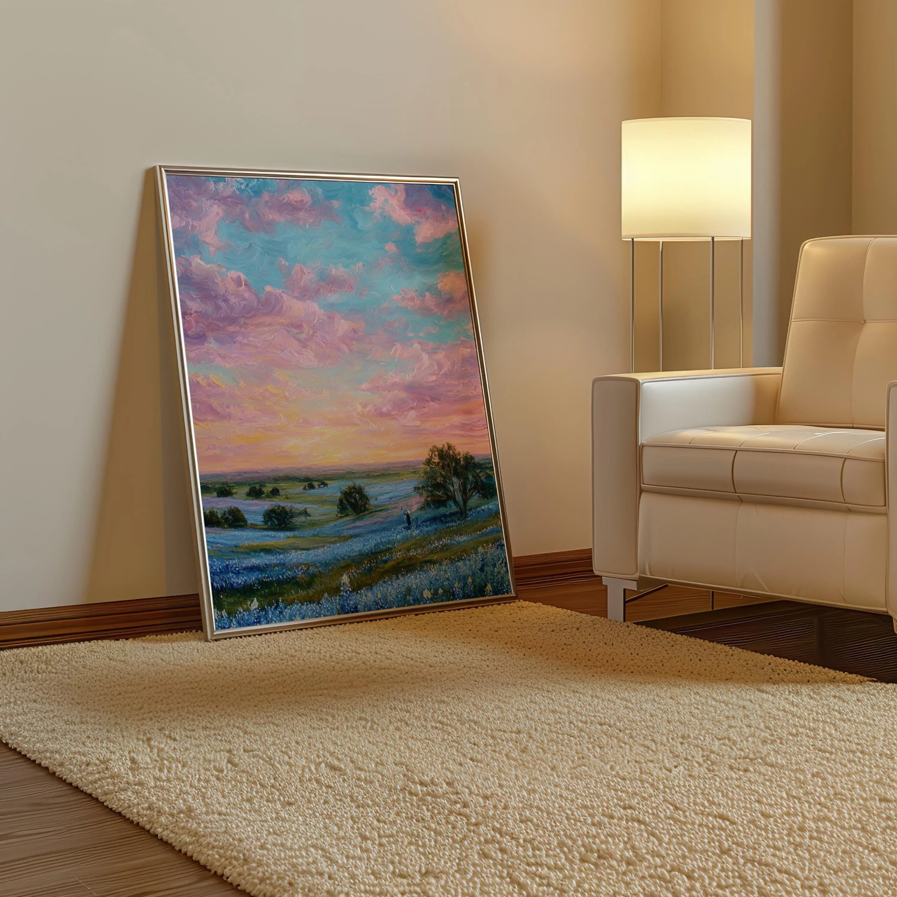 Sunset over blue wildflowers – pastel impressionist landscape wall art