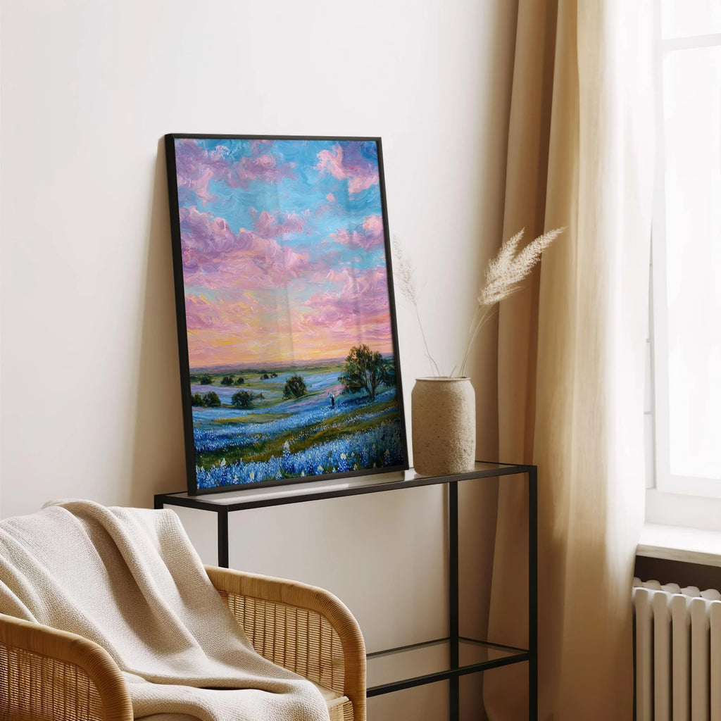 Sunset over blue wildflowers – pastel impressionist landscape wall art
