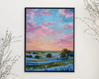 Sunset over blue wildflowers – pastel impressionist landscape wall art