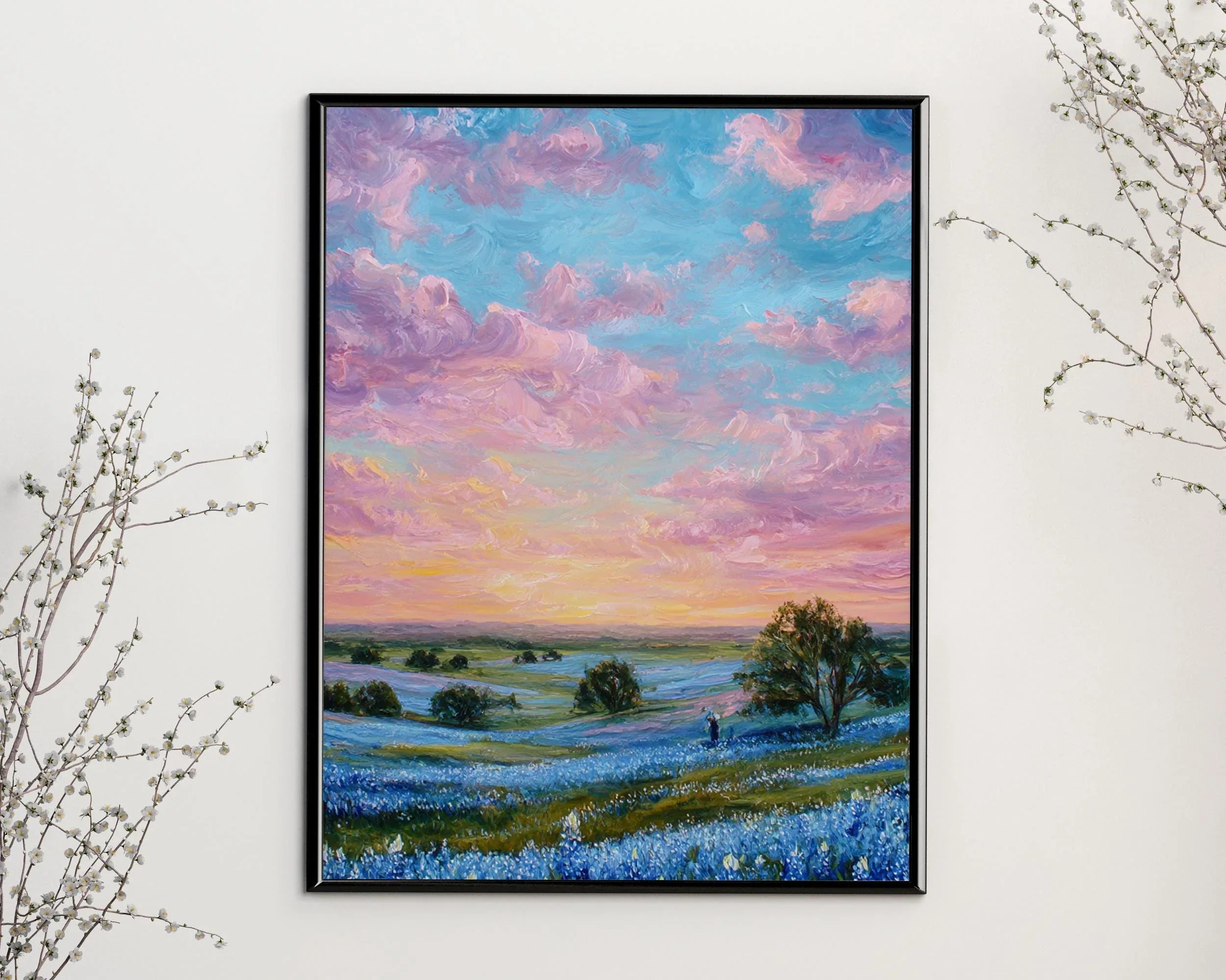 Sunset over blue wildflowers – pastel impressionist landscape wall art
