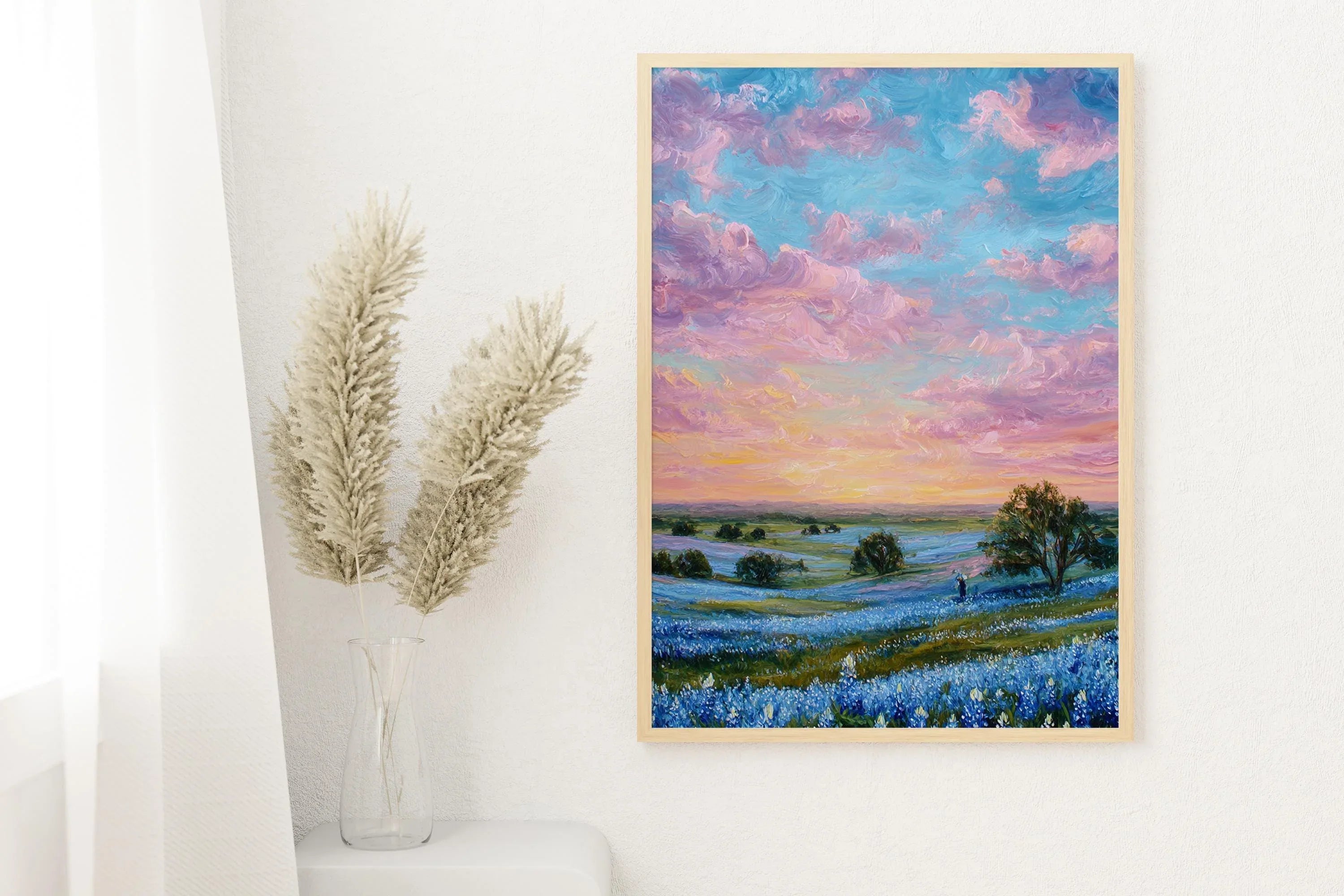 Sunset over blue wildflowers – pastel impressionist landscape wall art