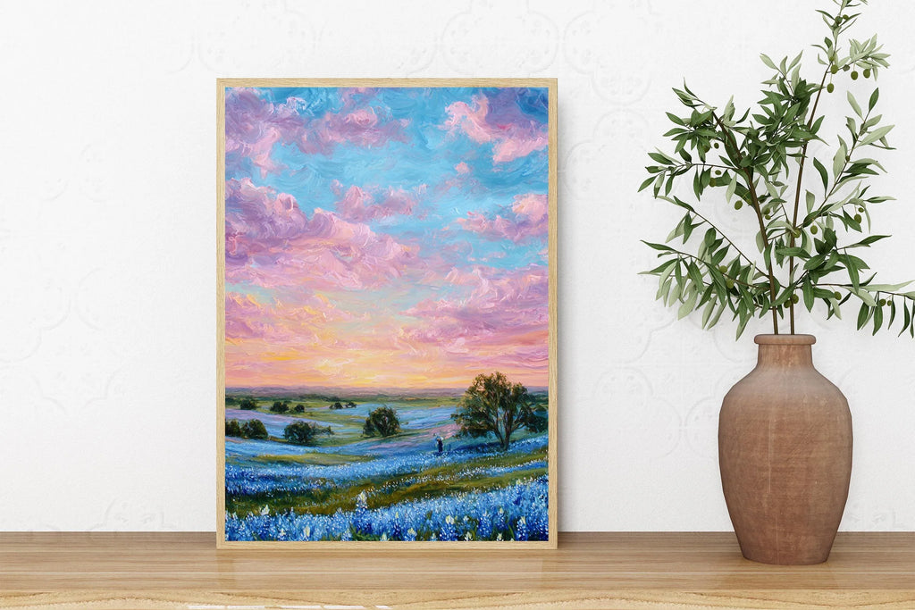 Sunset over blue wildflowers – pastel impressionist landscape wall art