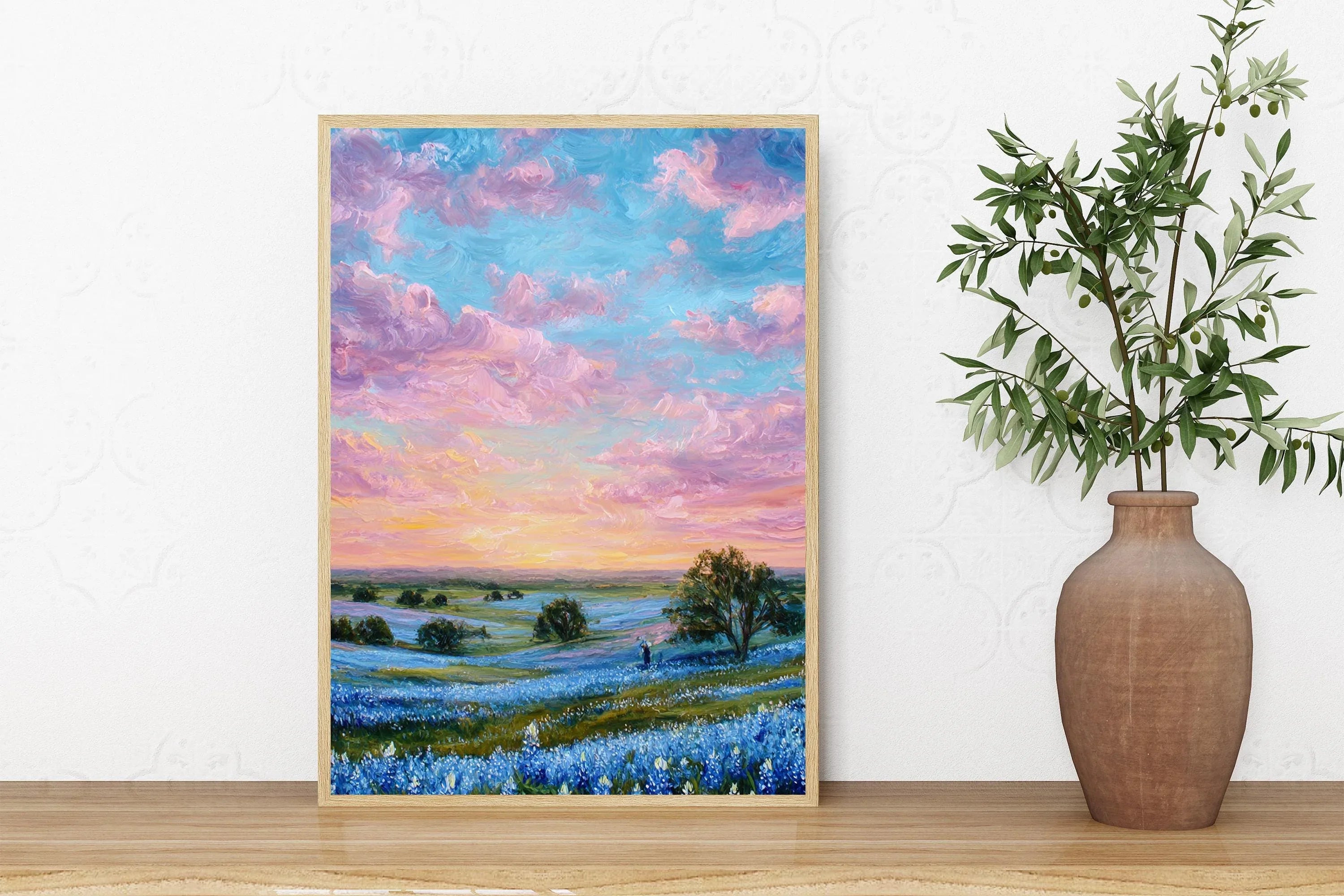 Sunset over blue wildflowers – pastel impressionist landscape wall art