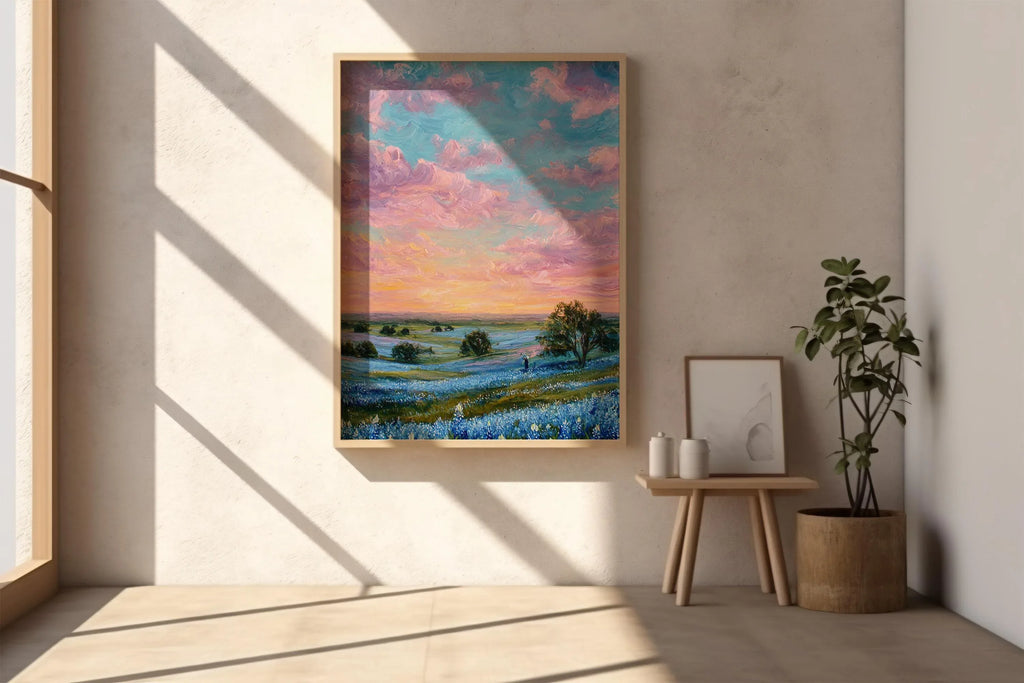 Sunset over blue wildflowers – pastel impressionist landscape wall art