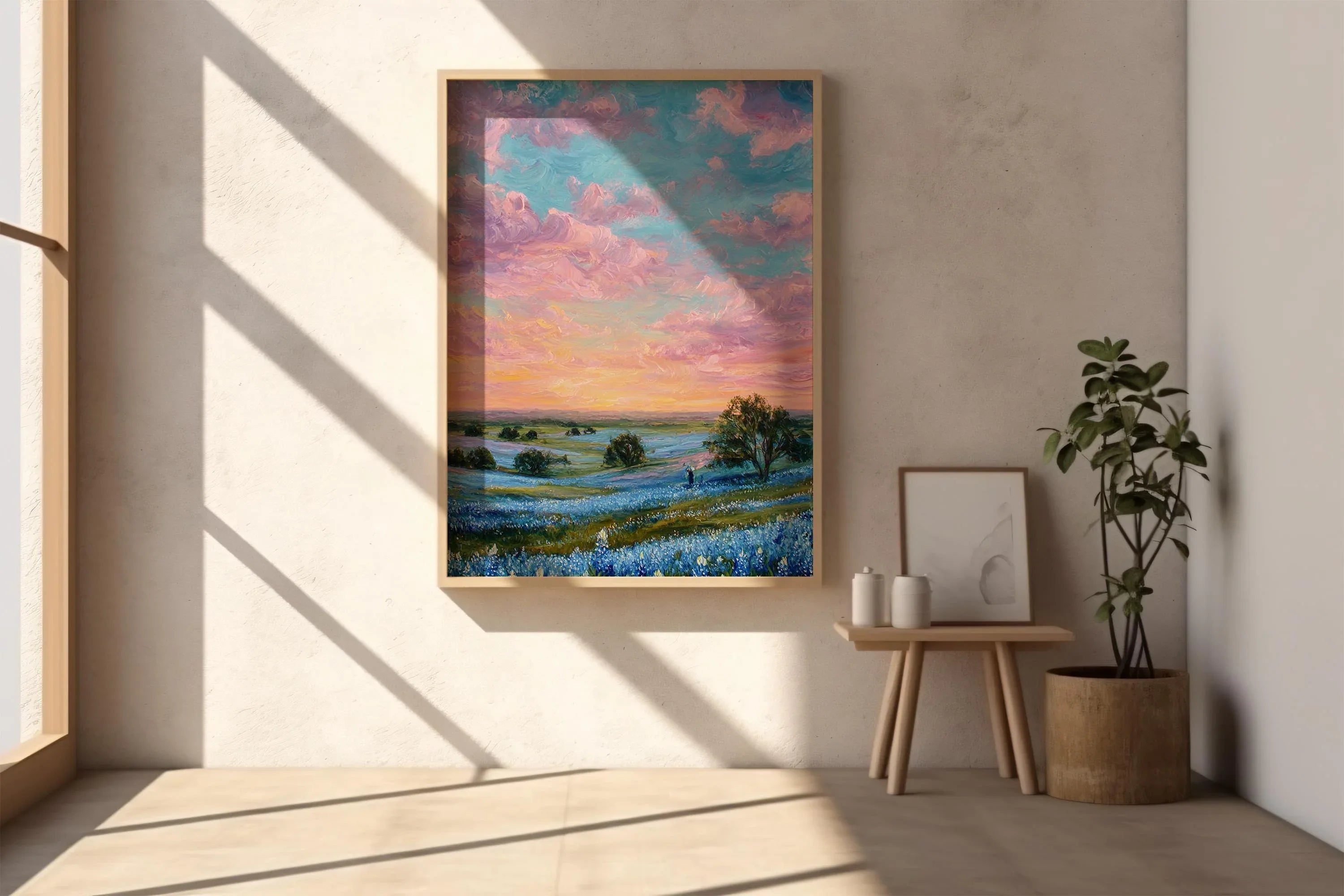 Sunset over blue wildflowers – pastel impressionist landscape wall art