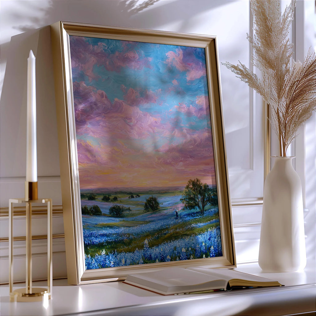 Sunset over blue wildflowers – pastel impressionist landscape wall art