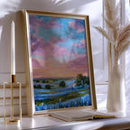 Sunset over blue wildflowers – pastel impressionist landscape wall art