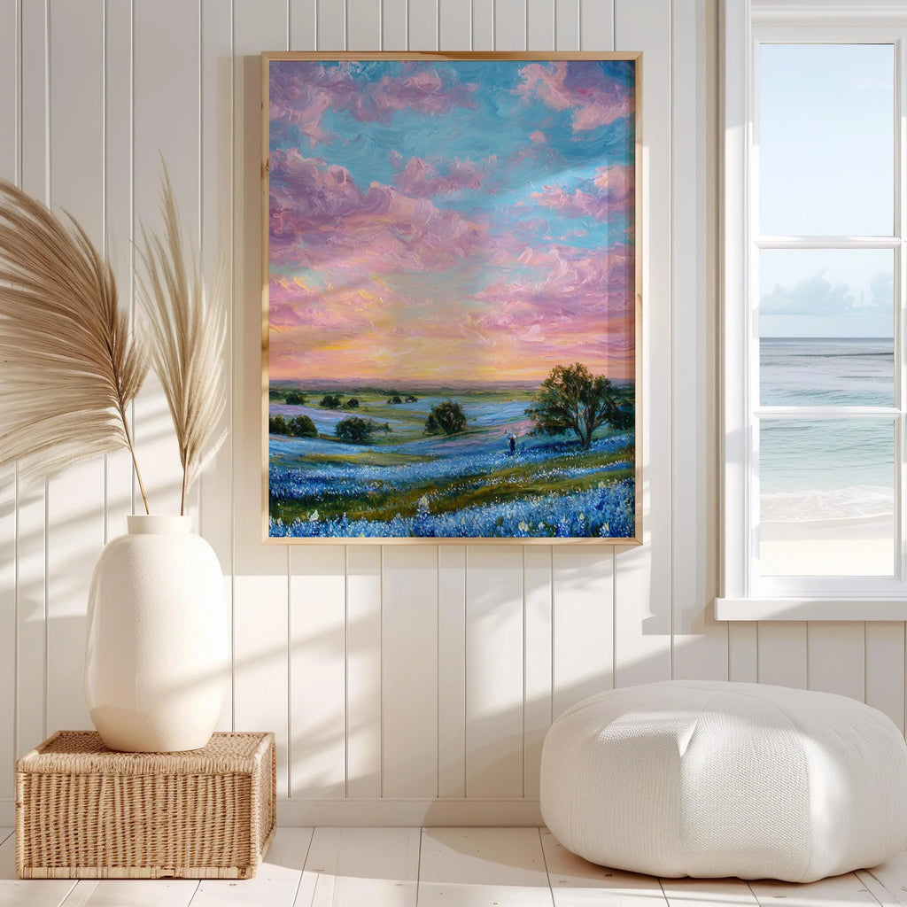 Sunset over blue wildflowers – pastel impressionist landscape wall art
