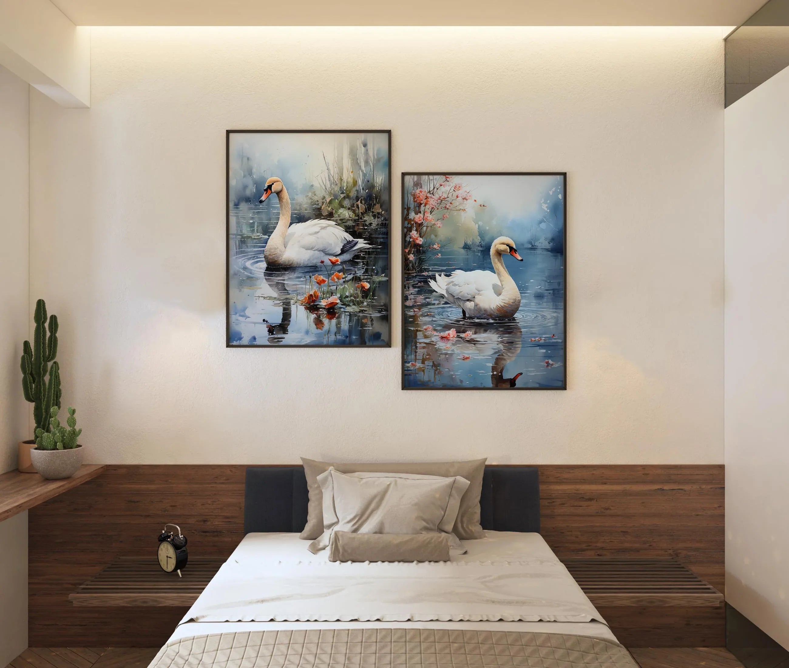 Swan lake calming wall art – serene white swan on tranquil misty water