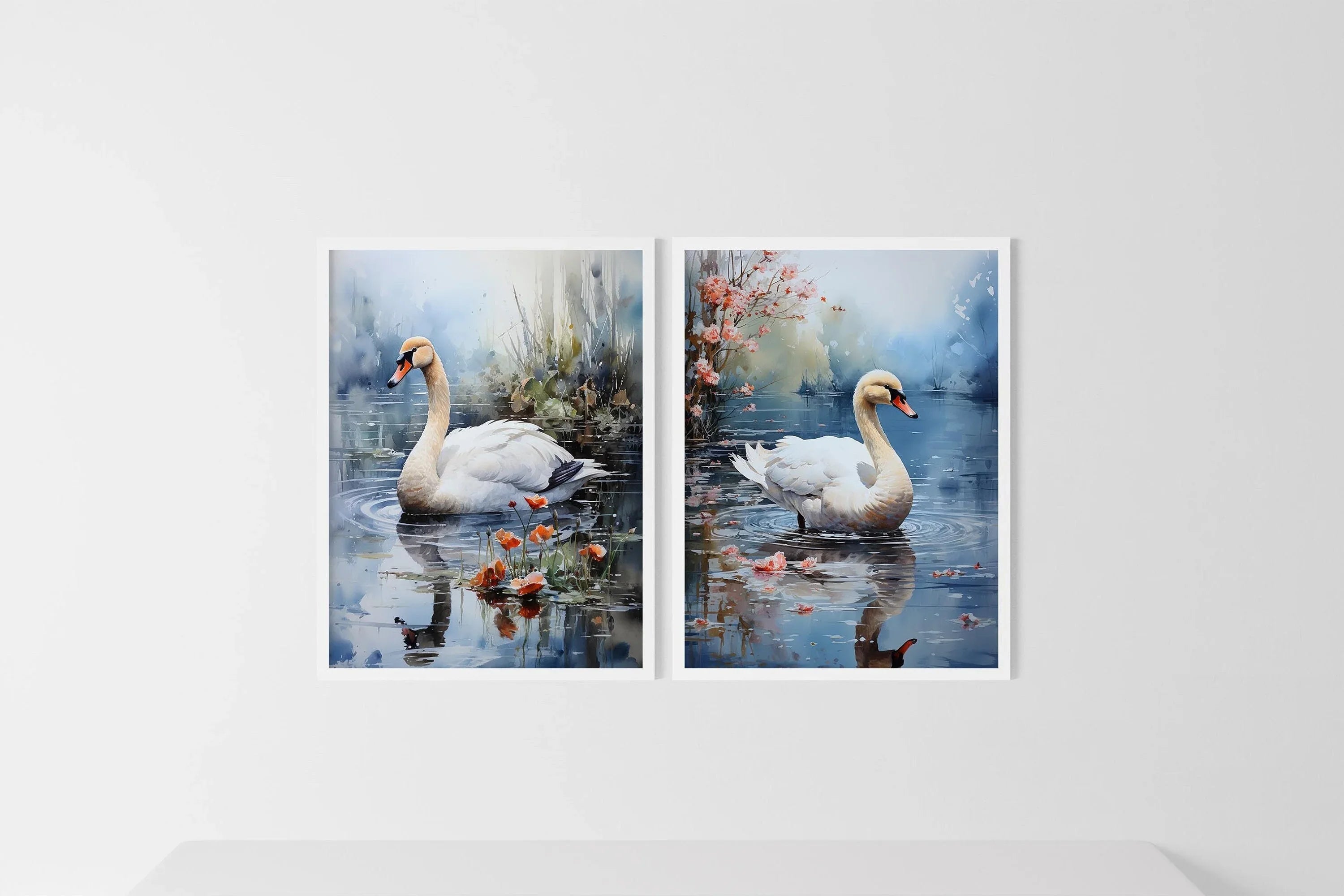 Swan lake calming wall art – serene white swan on tranquil misty water