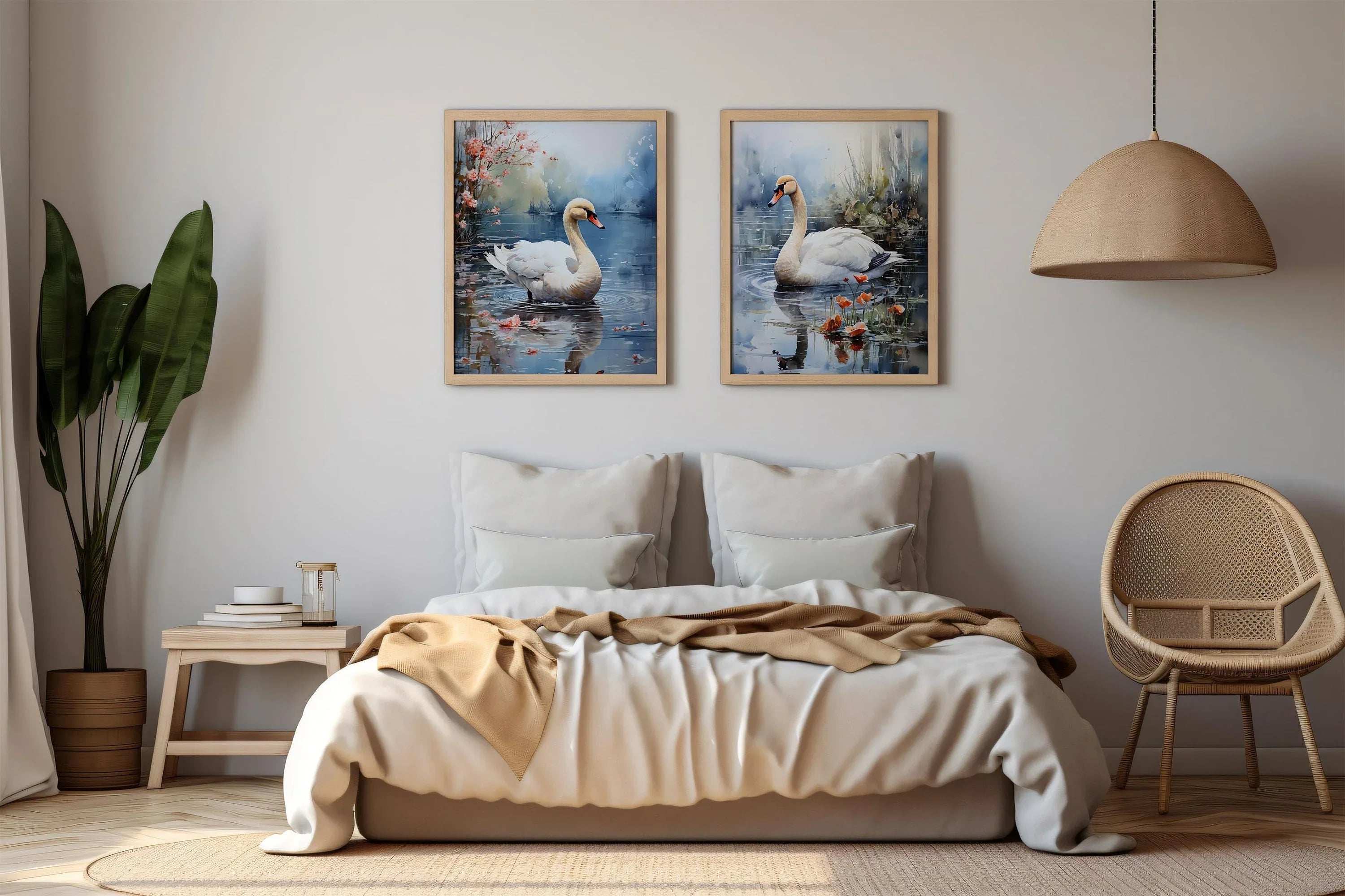 Swan lake calming wall art – serene white swan on tranquil misty water