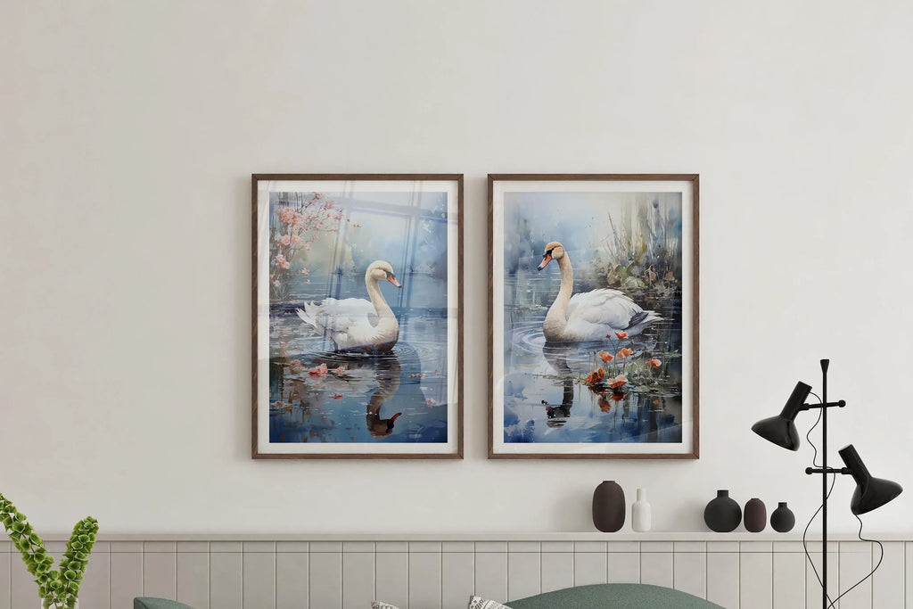 Swan lake calming wall art – serene white swan on tranquil misty water