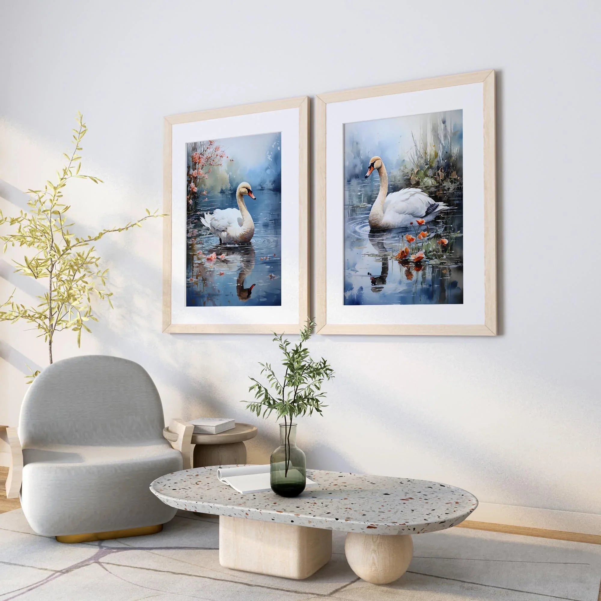 Swan lake calming wall art – serene white swan on tranquil misty water