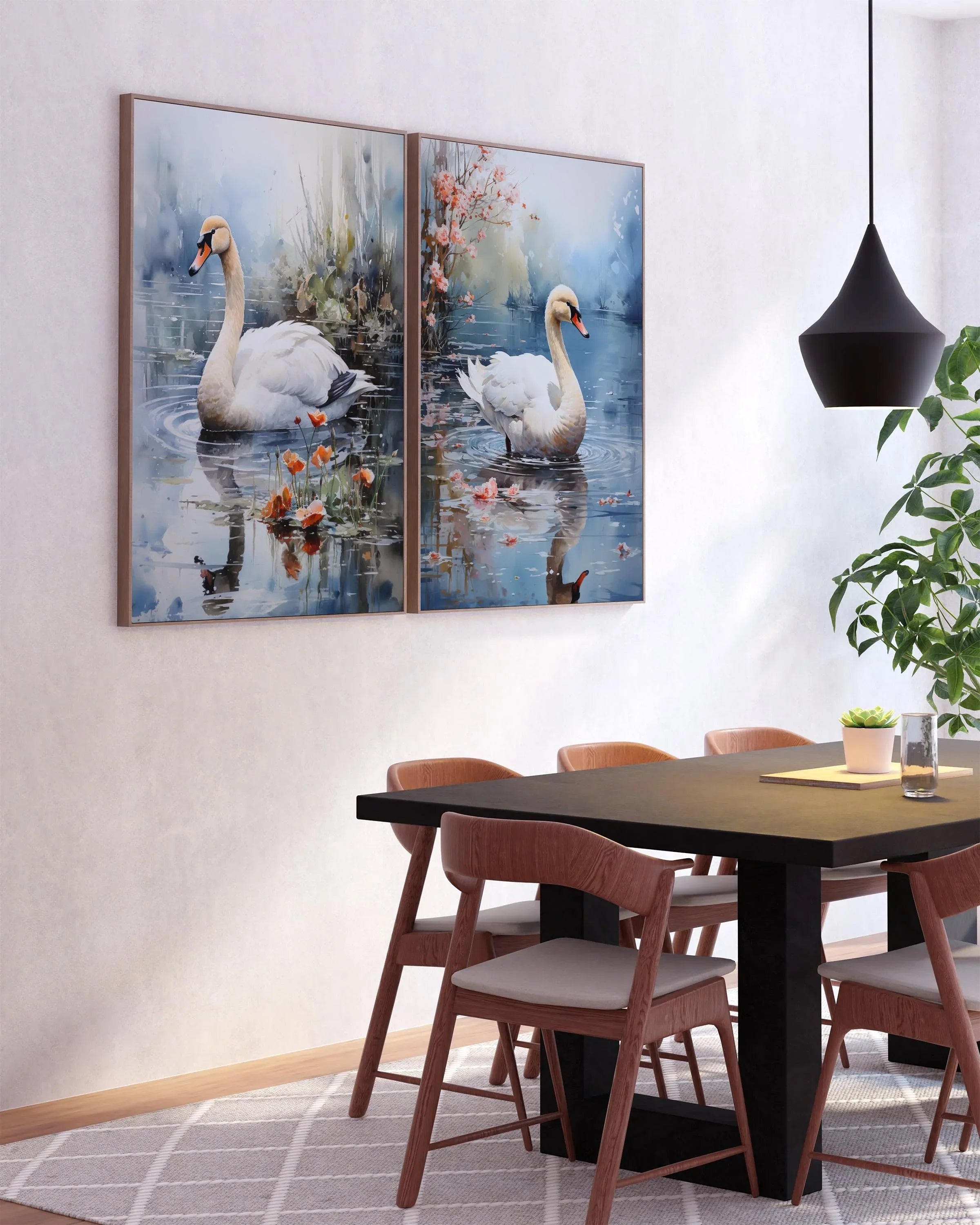 Swan lake calming wall art – serene white swan on tranquil misty water