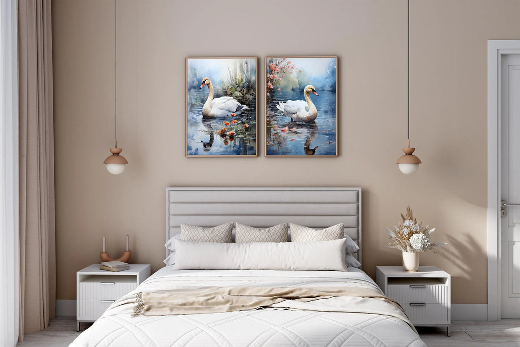 Swan lake calming wall art – serene white swan on tranquil misty water