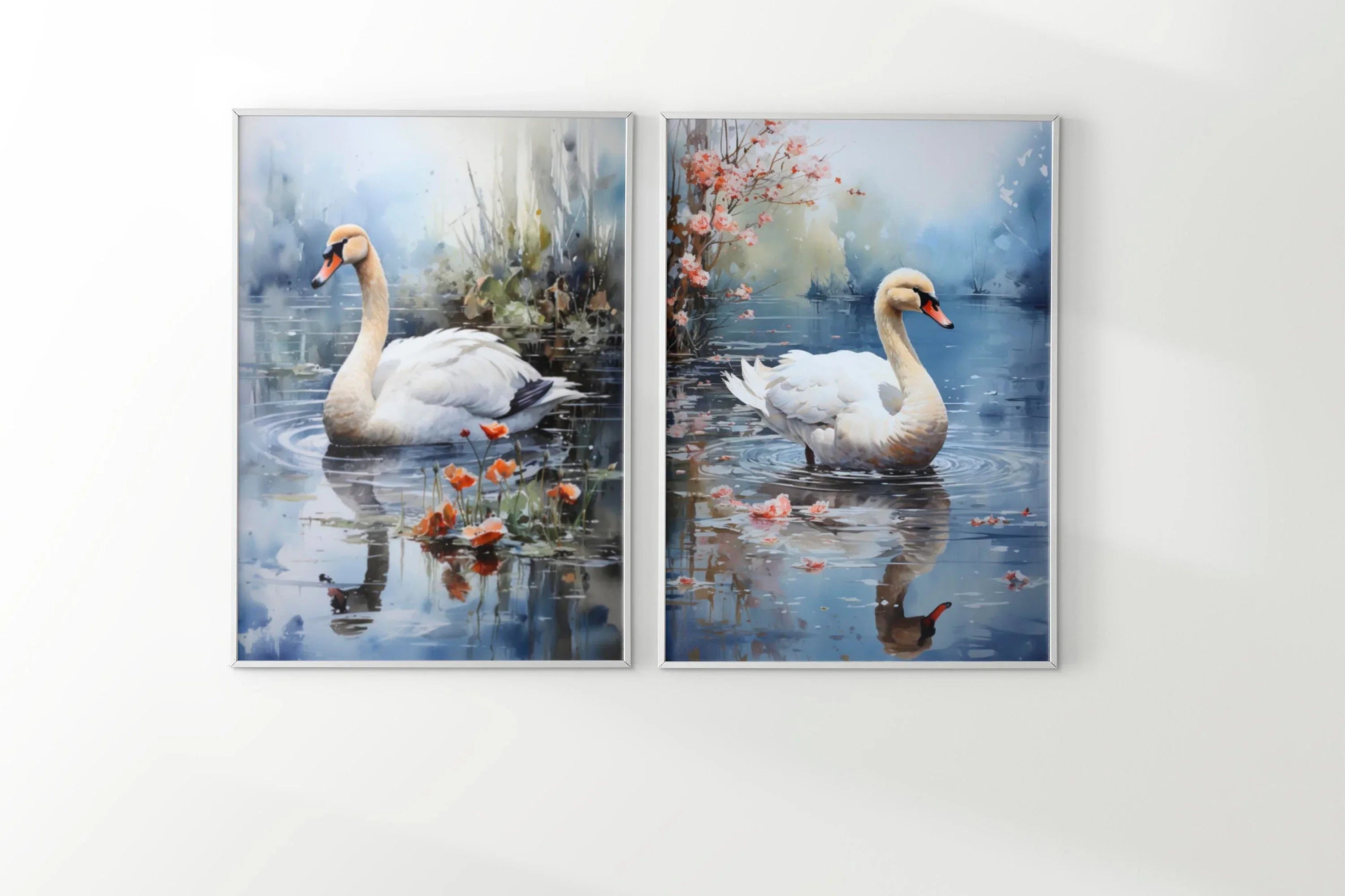 Swan lake calming wall art – serene white swan on tranquil misty water