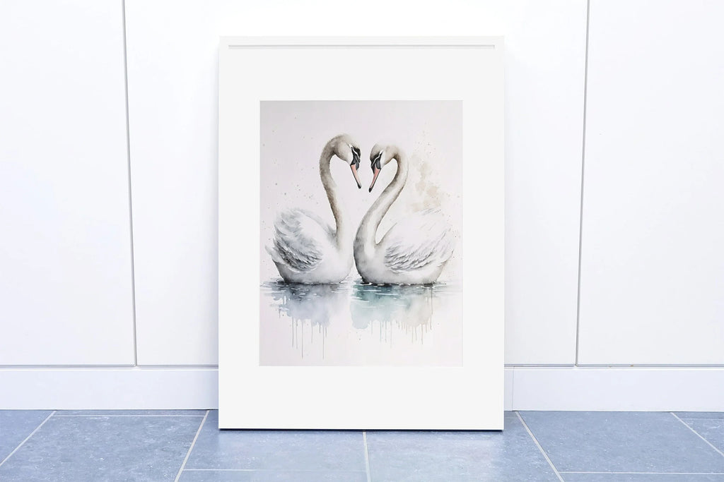 Pair of swans watercolor wall art – romantic elegant bird painting set of 2