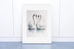 Pair of swans watercolor wall art – romantic elegant bird painting set of 2